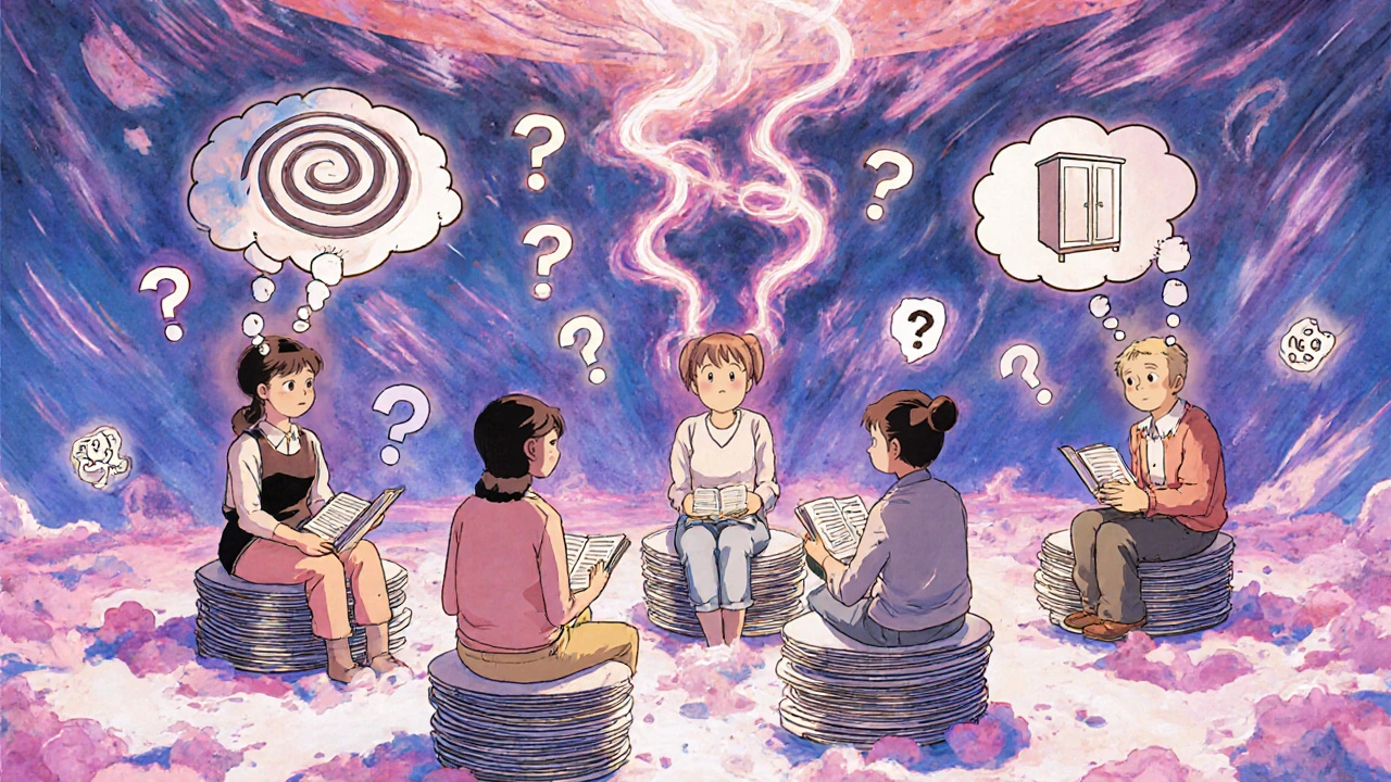 A group therapy scene in a melting room, with thought streams showing emotional breakthroughs and behavioral changes.