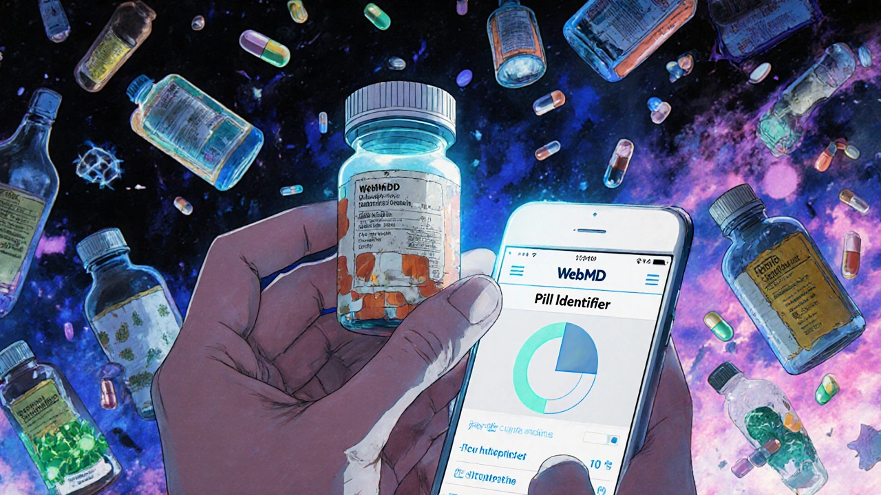 A hand holding a pill bottle next to a smartphone showing a pill identification app.