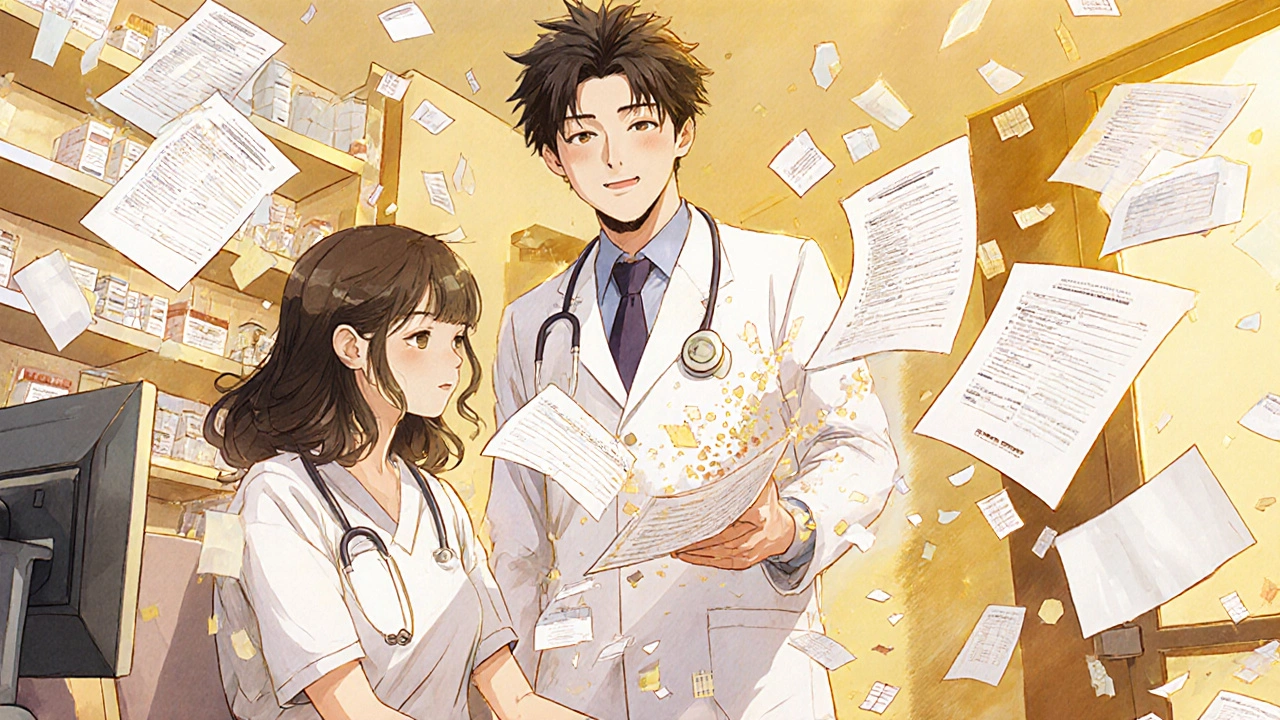 A modern clinic where AI automates safety checks, paper forms dissolve into confetti as treatment flows smoothly.