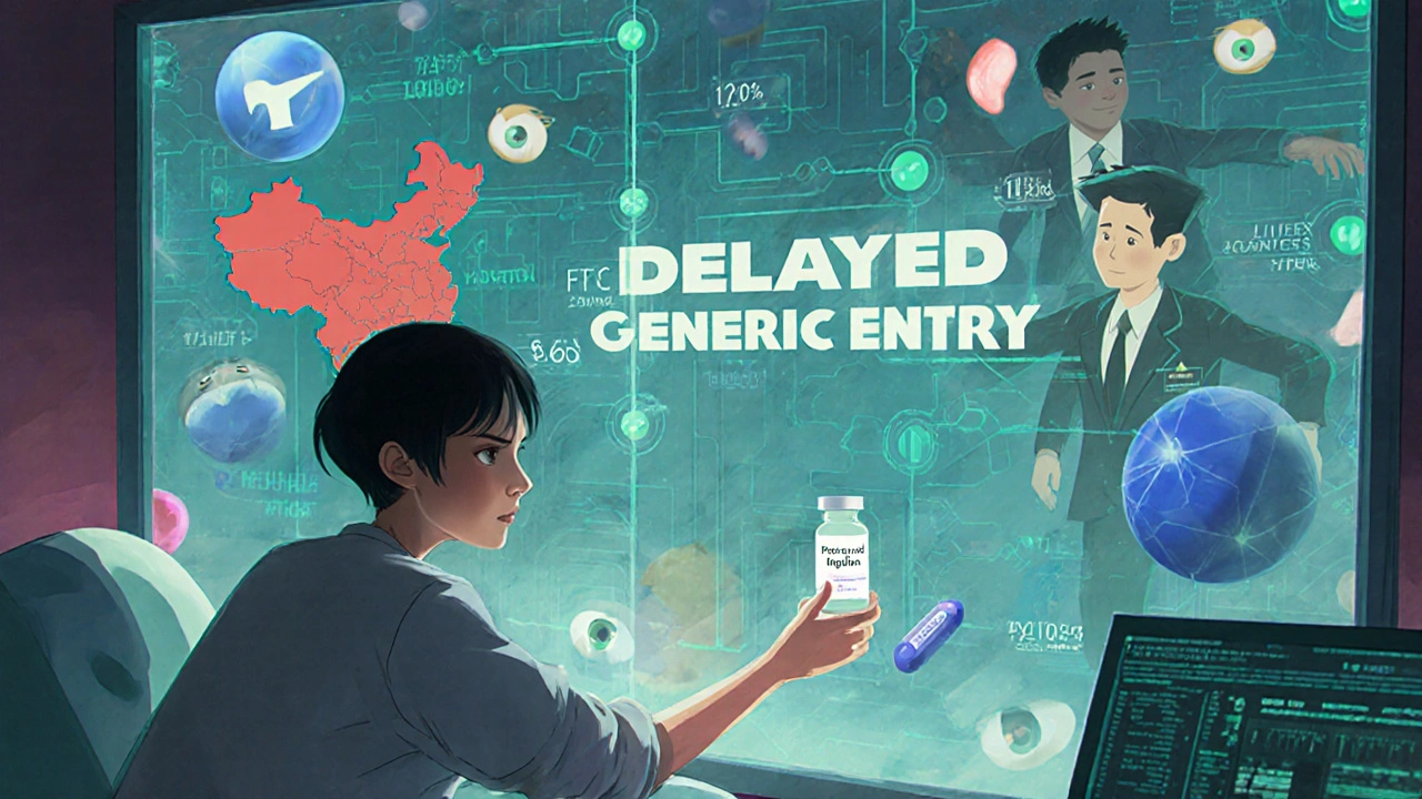 A patient reaching for insulin, blocked by a wall labeled &#039;Delayed Generic Entry&#039; with digital antitrust agents behind.