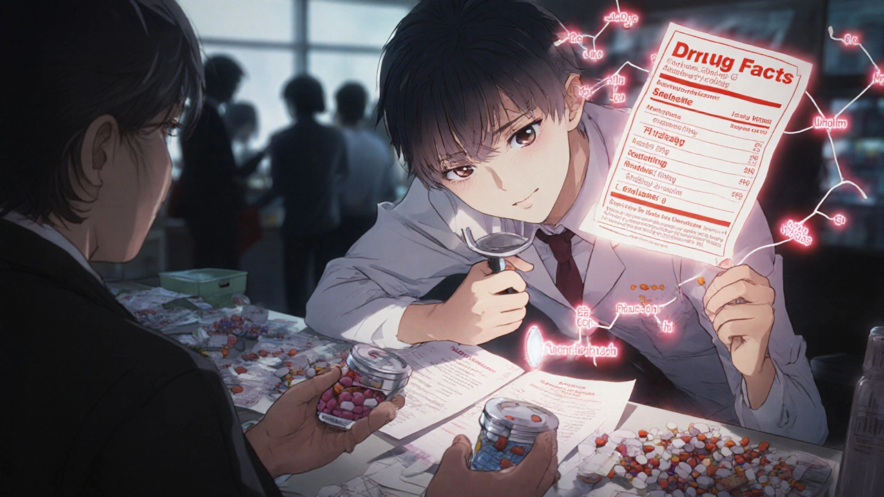 A pharmacist using a magnifying glass to reveal overlapping drug ingredients on a giant glowing label.