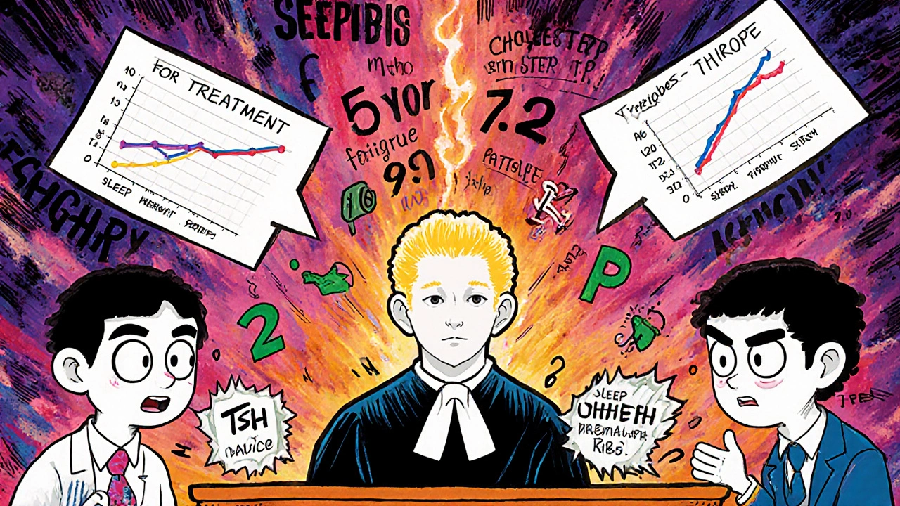 A surreal courtroom inside a human body debating whether to treat elevated TSH levels.