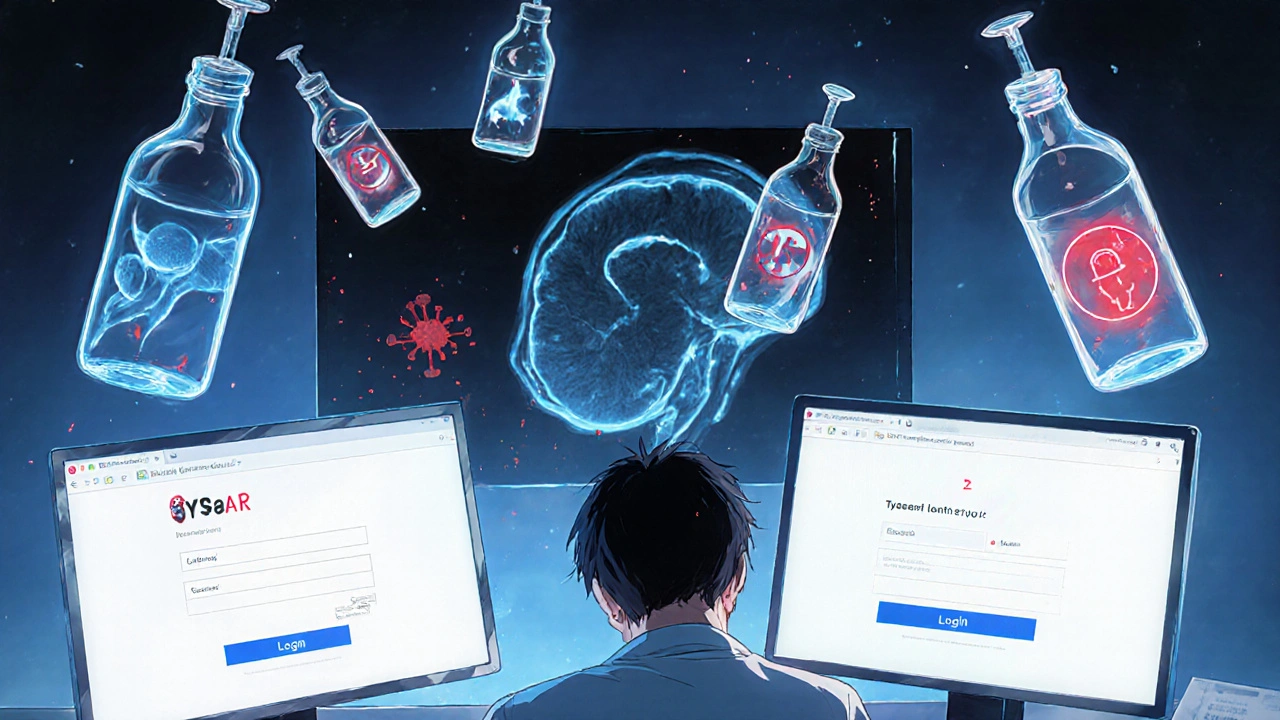 A weary doctor faces three glowing EHR screens while a patient&#039;s MRI shows a growing tumor, surrounded by pulsing risk icons.