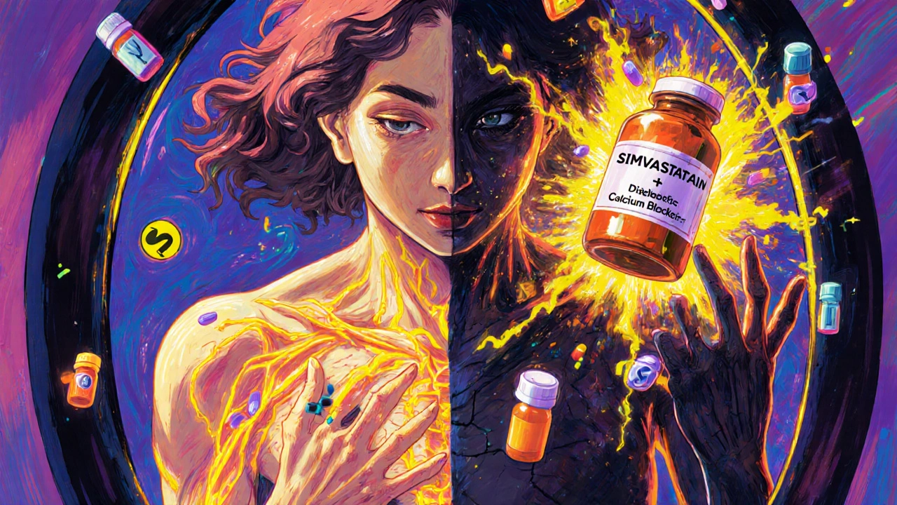 A woman&#039;s reflection splits between health and muscle damage, with floating pills and diabetes symbols in chaotic swirls.