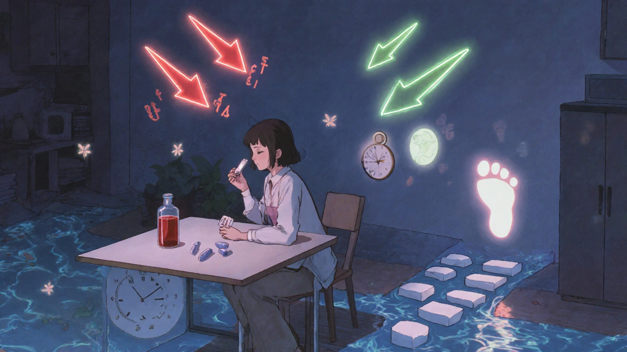 A woman holding a blood test vial as thyroid hormones dance like fireflies, with pills forming a path to a baby’s footprint.