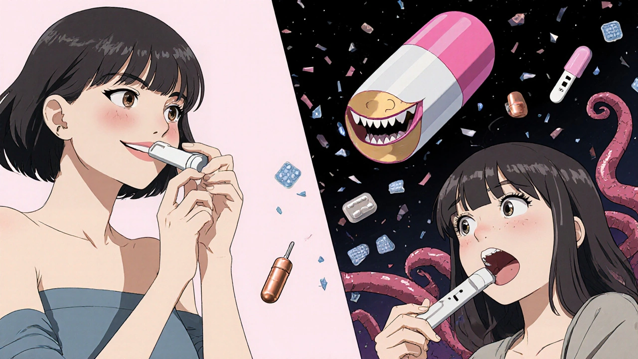 A woman shocked by pregnancy test while a giant rifampin pill looms over her, broken contraceptives around her.