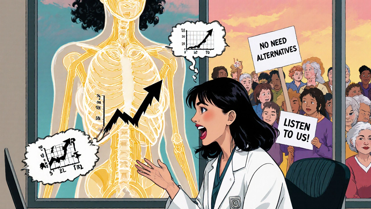 A woman speaks to her doctor as glowing body pathways show statin benefits versus side effects, with others holding &#039;Listen to Us&#039; signs.