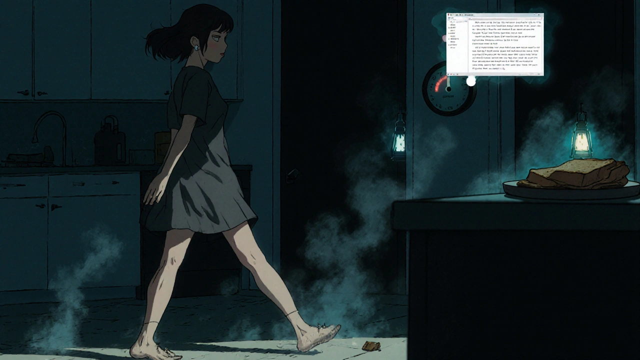 A woman walking slowly in her kitchen, energy draining from her limbs as mitochondria dim inside her muscles.