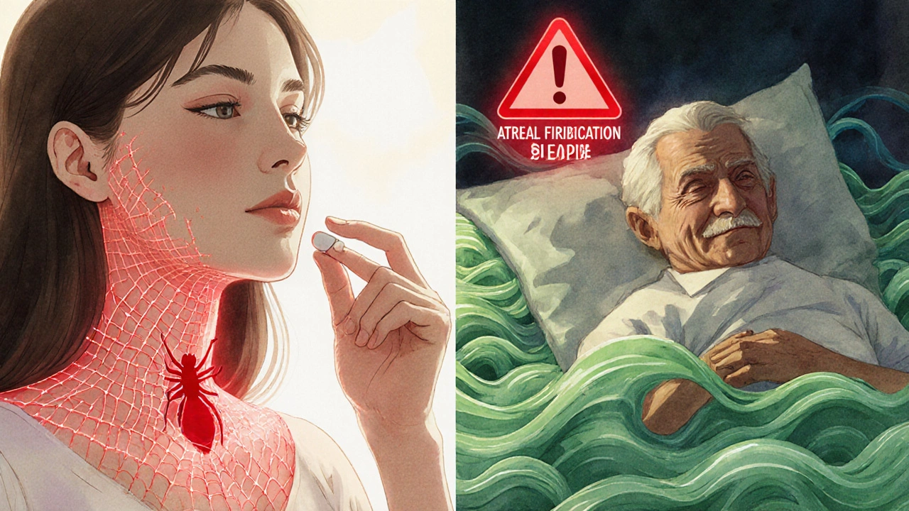 A young woman taking thyroid medication while an elderly man sleeps peacefully, contrasting health risks.