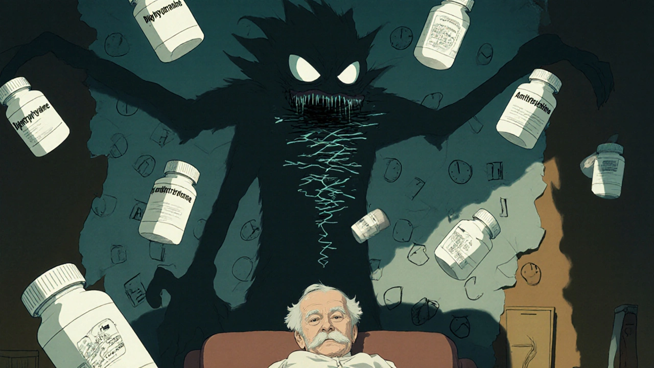 An elderly person surrounded by floating medication bottles, their shadow becoming a monstrous entity of prescription labels.