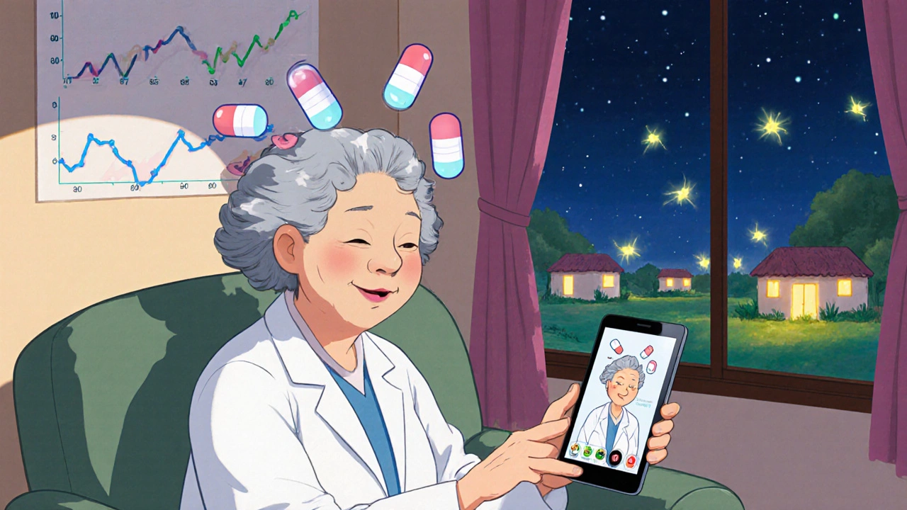 An elderly woman receives pharmacy guidance via video call with a whimsical AI pharmacist.