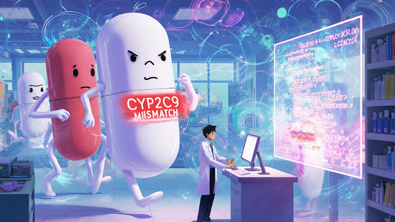 Anthropomorphic pills dance with genetic data in a surreal pharmacy lab.