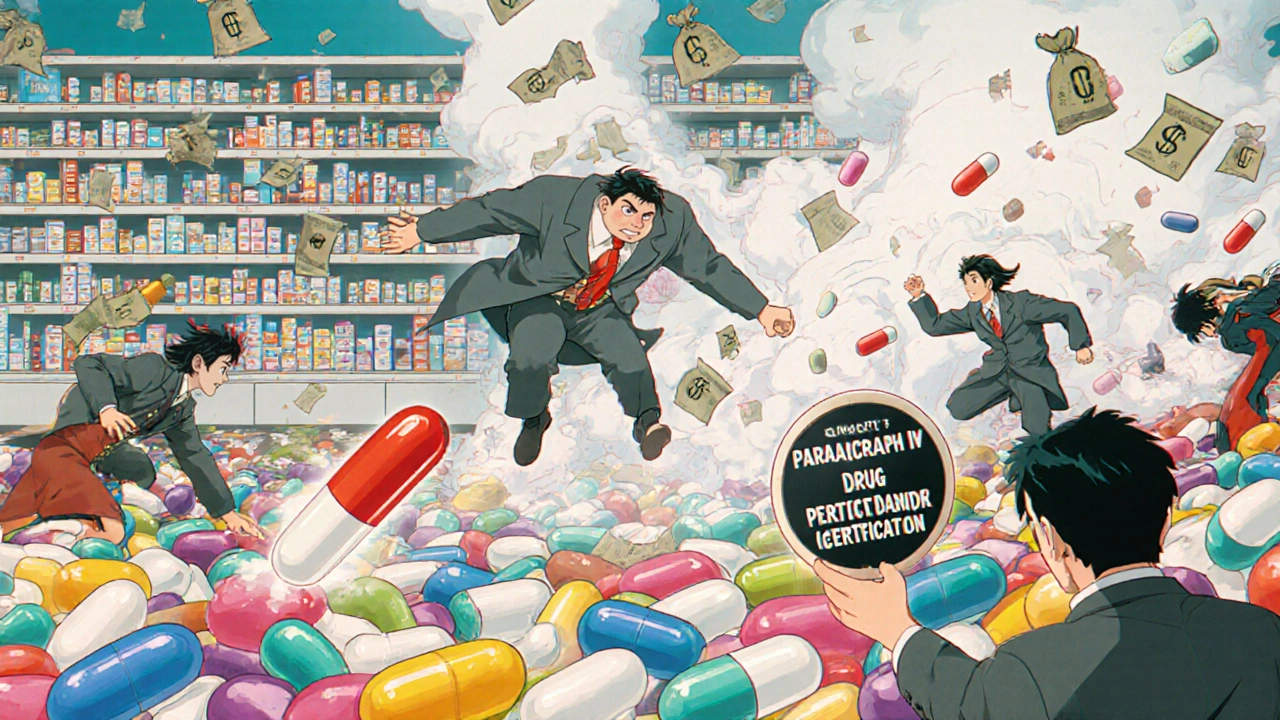 Colorful generic pills battling a branded drug fortress on a pharmacy shelf, with cash bags raining down.