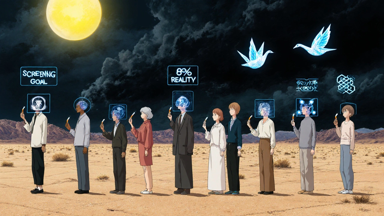 Diverse individuals in a desert line, each with a cigarette turning into a CT scan, guided by AI cranes in the sky.