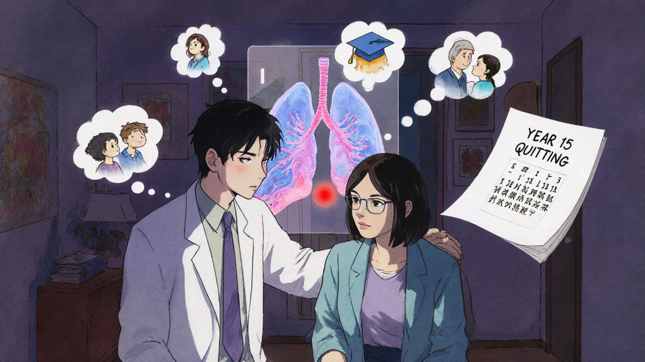 Doctor and patient viewing a holographic lung model with a pulsing nodule, surrounded by emotional thought bubbles.