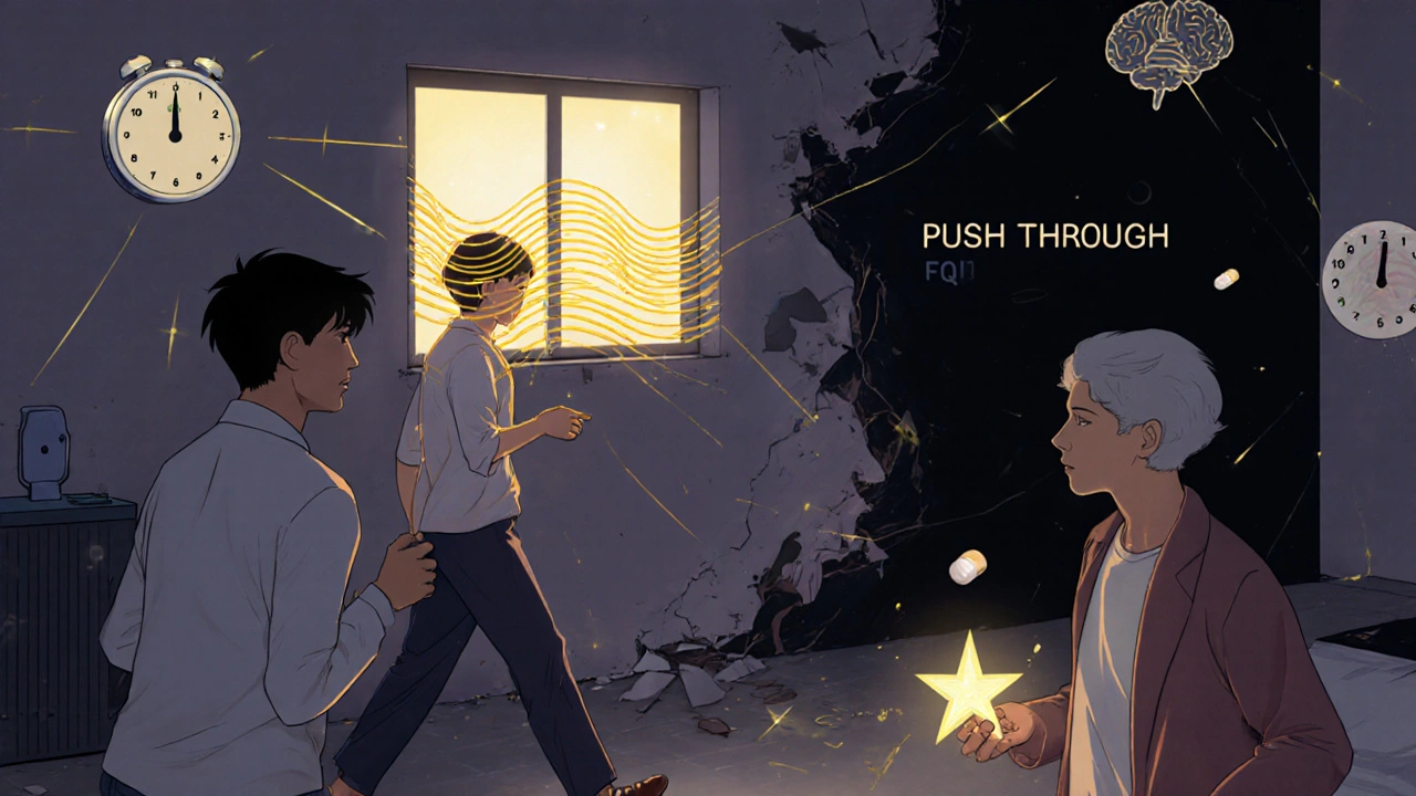 Patients practicing pacing, sleep hygiene, and supplements in a surreal space with floating energy scales and collapsing barriers.