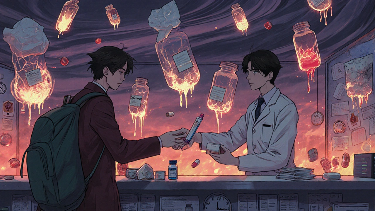 Pharmacist handing replacement meds to traveler as ghostly damaged pills dissolve into ash behind them.