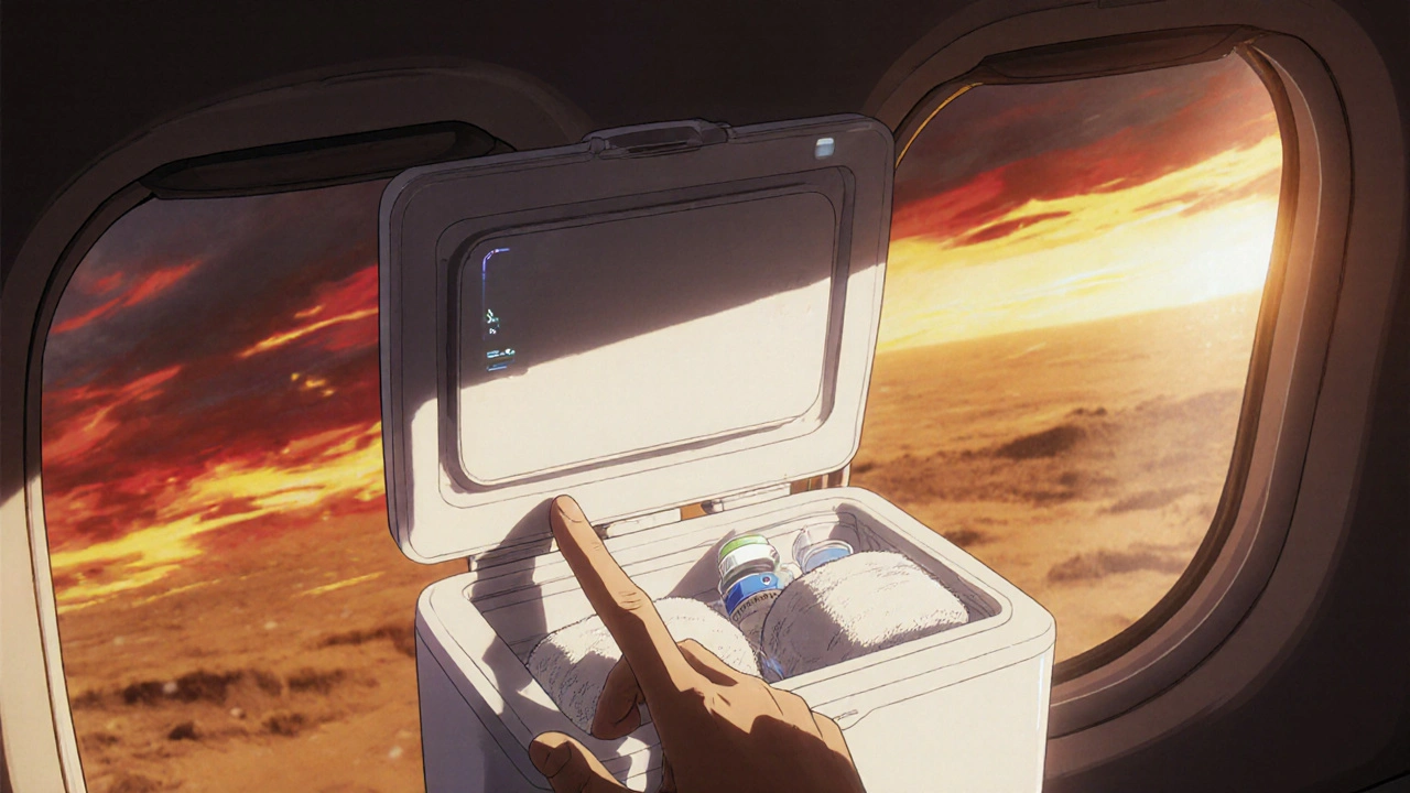 Smart medication cooler in airplane overhead bin with steady 42°F display, ice packs wrapped in towels.