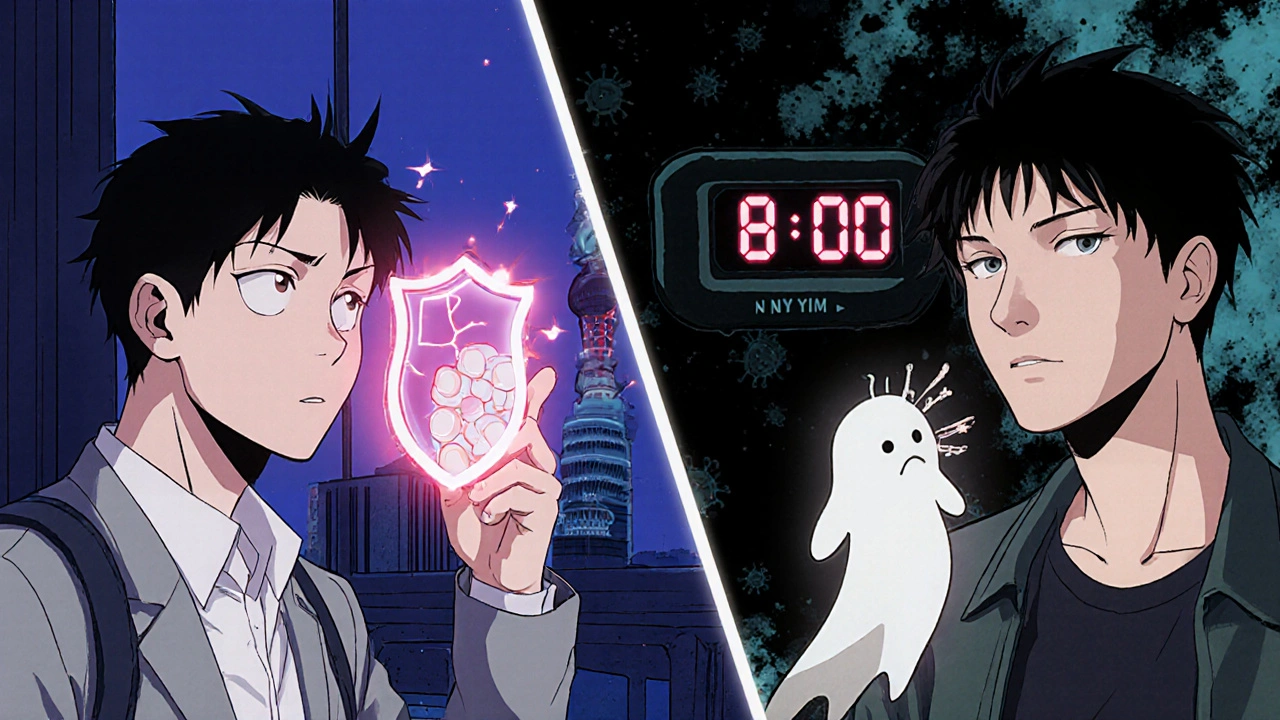 Split scene of HIV medication timing across New York and Tokyo with a fading pill and virus.