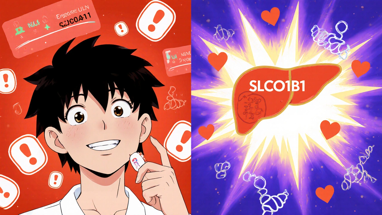 Split scene: worried patient vs. calm patient taking statin, liver glowing with hearts and genetic code.