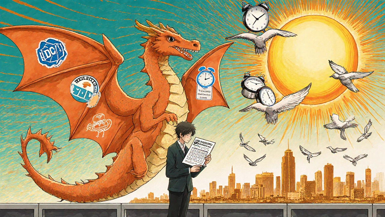 Traveler at airport with a paper dragon made of dosing schedule, pill sun over Nairobi.