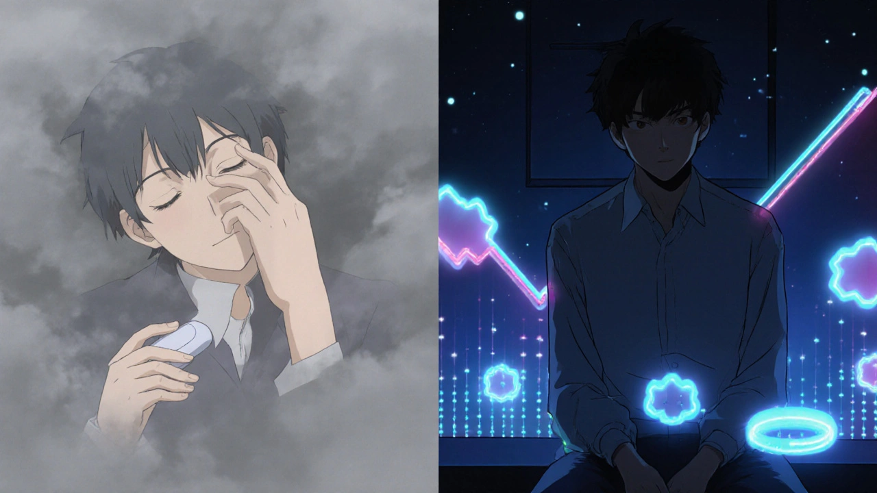 Two sides of a person: one taking medication with gray haze, the other practicing sleep restriction with glowing success metrics.