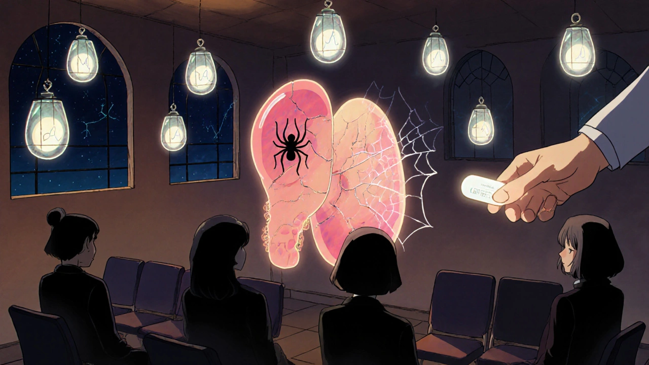 Women’s shadows as thyroid glands being repaired by a glowing hand, with floating embryos like lanterns in a clinic.