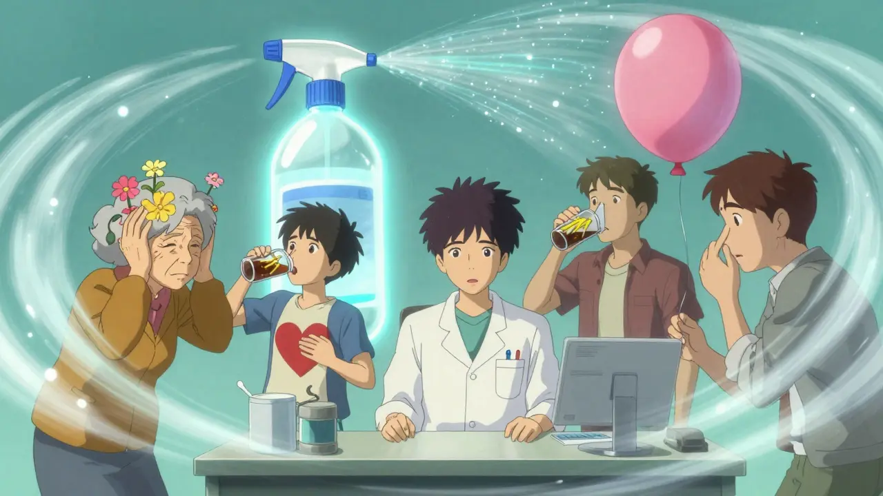 A calm pharmacist surrounded by surreal patients experiencing allergy medication side effects.