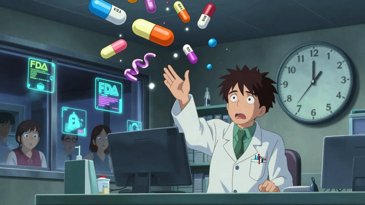 A chaotic pharmacy with floating pills and glowing FDA alerts as a pharmacist reaches out in exhaustion.