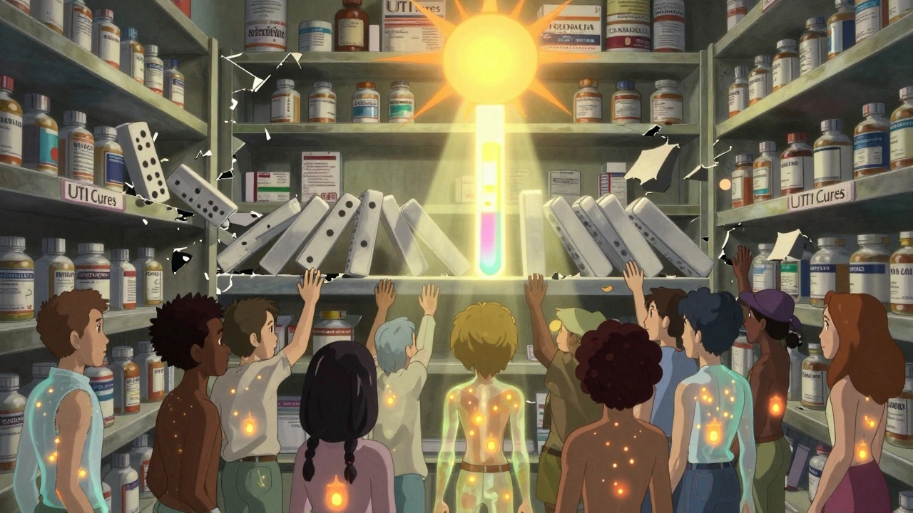 A collapsing pharmacy shelf with falling bottles, diverse figures with flickering enzymes, and a rising test strip as a beacon of hope.