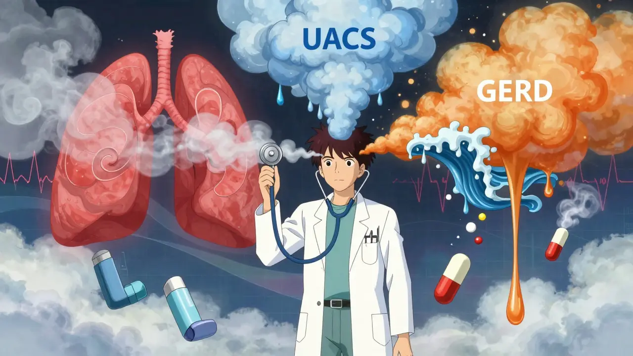 A doctor with a stethoscope turning into a wind tunnel pulling three colored mists representing asthma, UACS, and GERD.