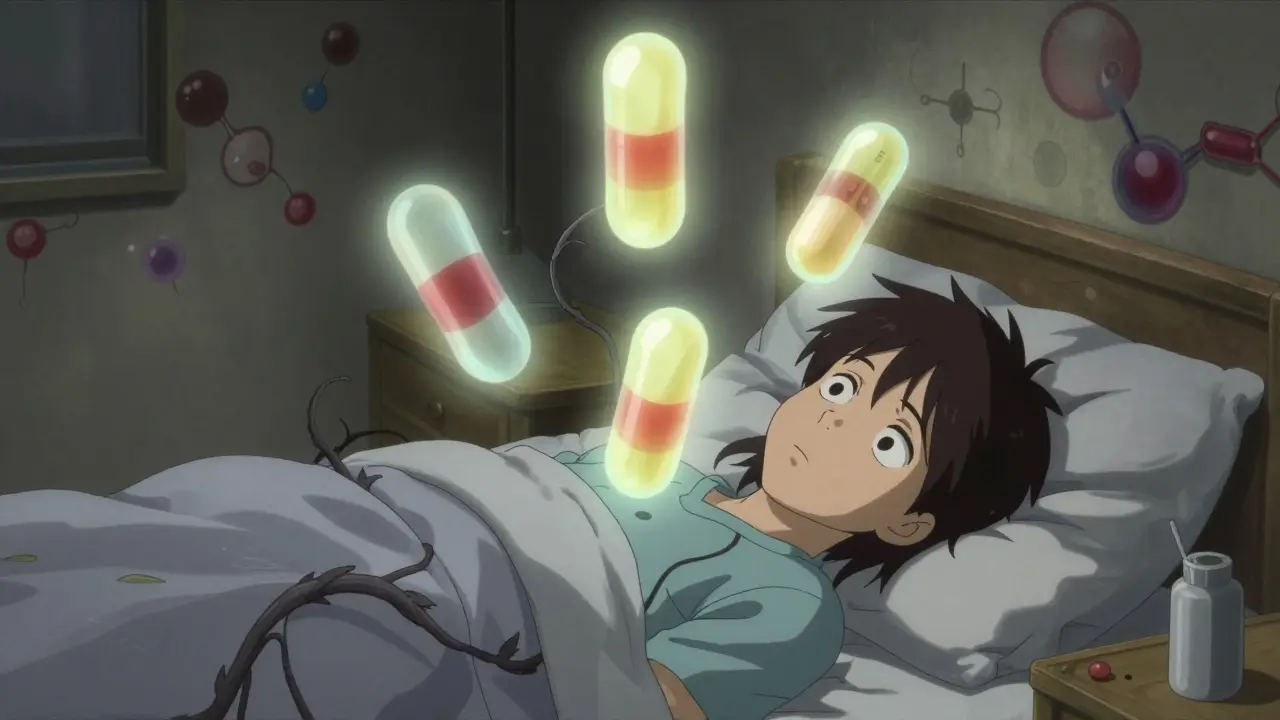 A drowsy patient surrounded by bloating ghost pills tangled in CBD vines under dim light.