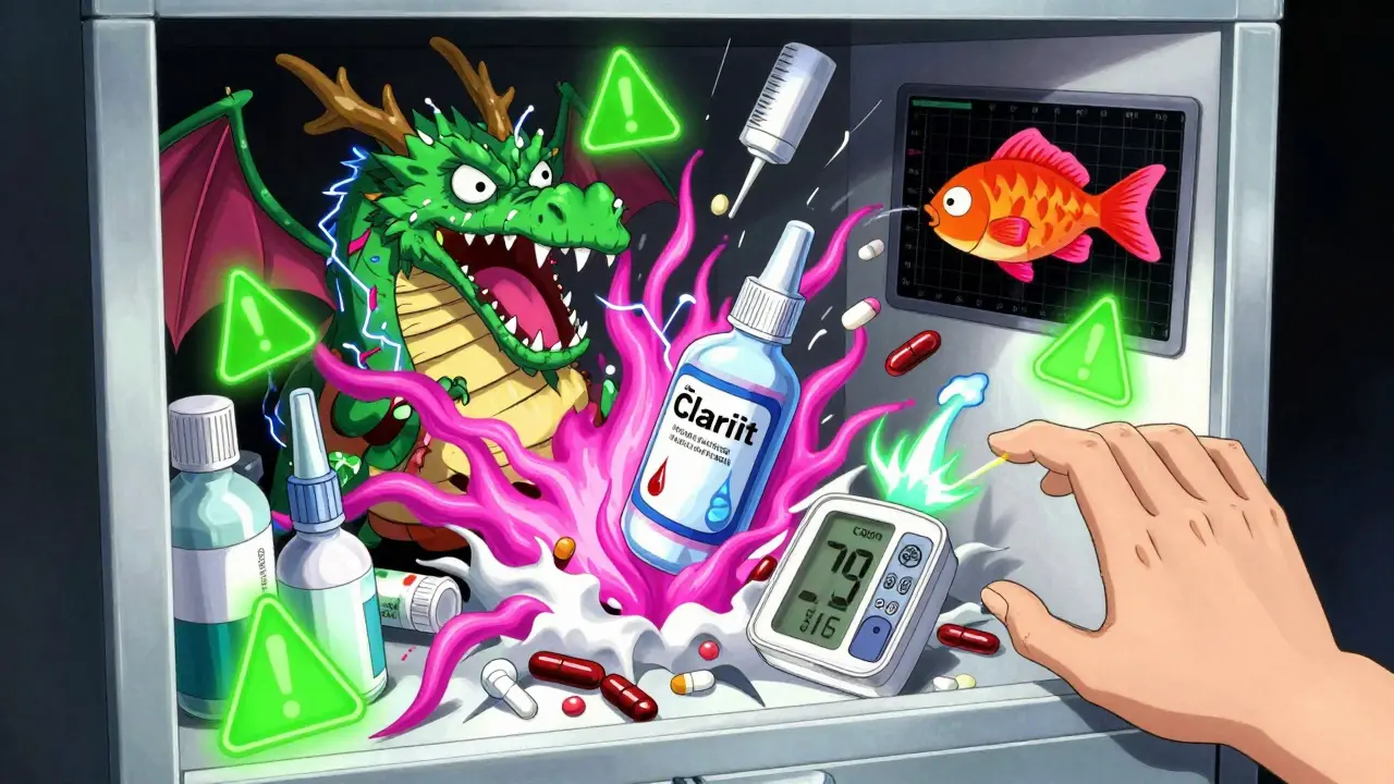 A medicine cabinet exploding into animated pill creatures and warning symbols in chaotic neon colors.