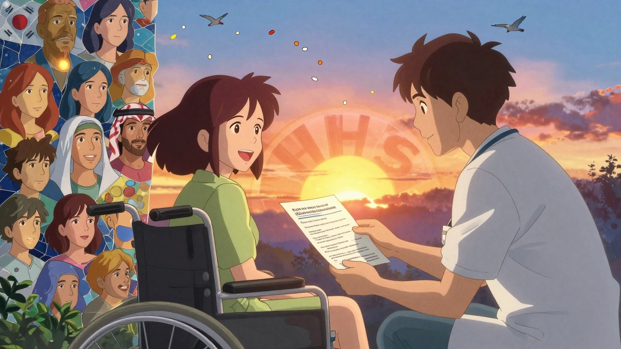 A patient accepts a translated handout as a mural of diverse faces and flying pills symbolize language access rights.