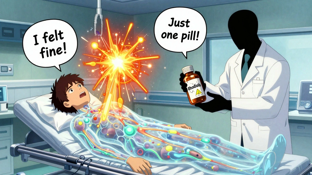 A patient in emergency room convulsing as serotonin fireworks burst inside their translucent body, with floating warning labels.