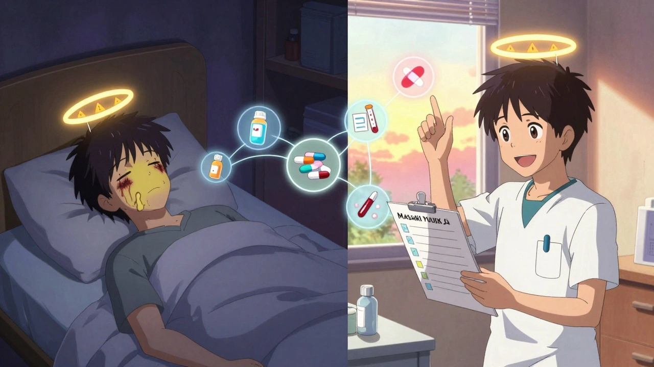 A patient transitions from danger to safety with a pharmacist’s help, surrounded by floating health icons and warning symbols.