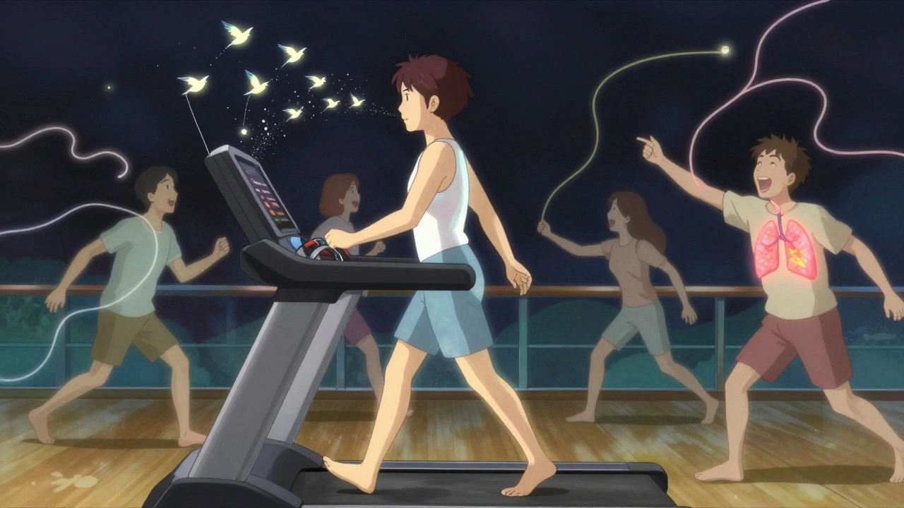 A patient walking in rehab, breath turning into birds, others with oxygen tubes flowing like ribbons.