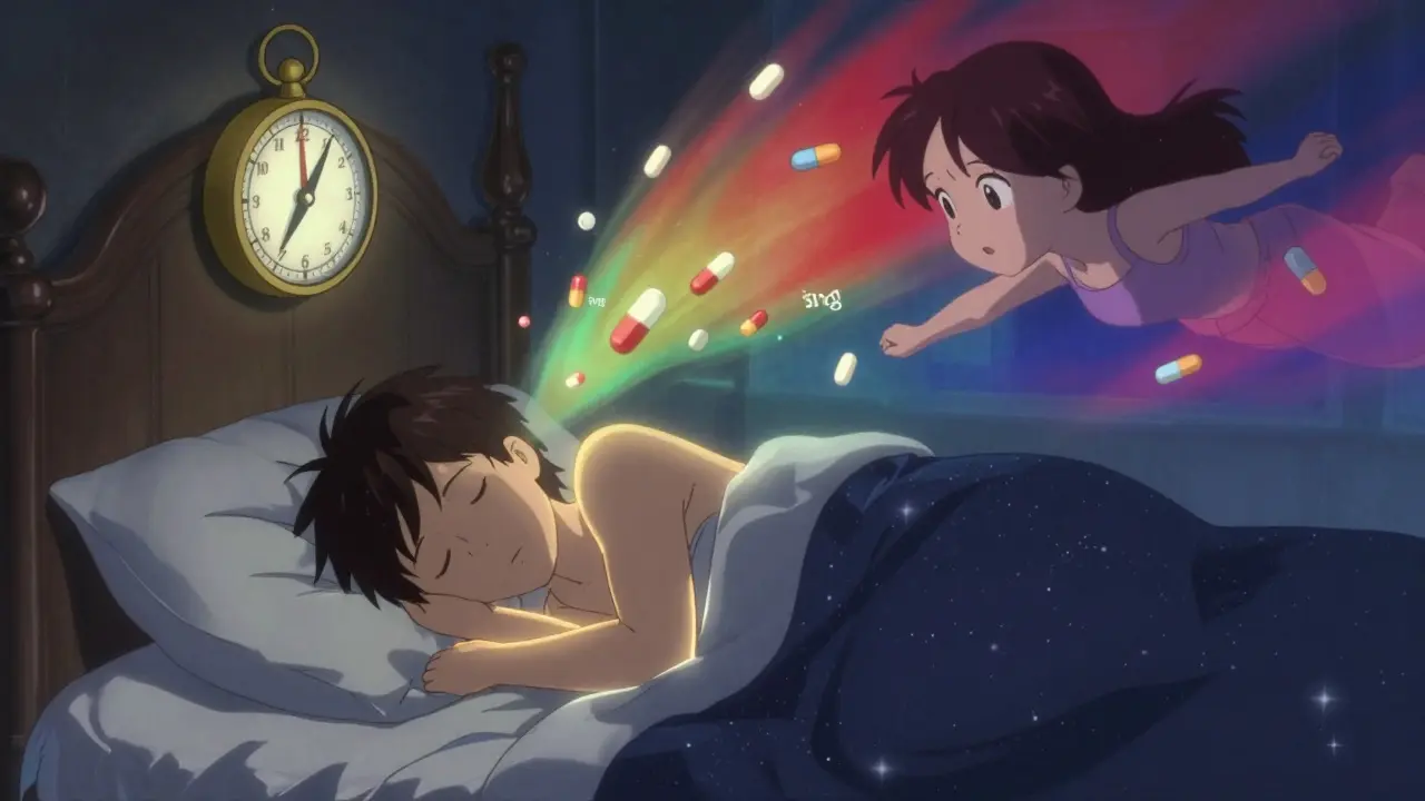 A person in bed with two versions of themselves — one sleeping, one awake — as a clock compass spins between correct and wrong melatonin timing.