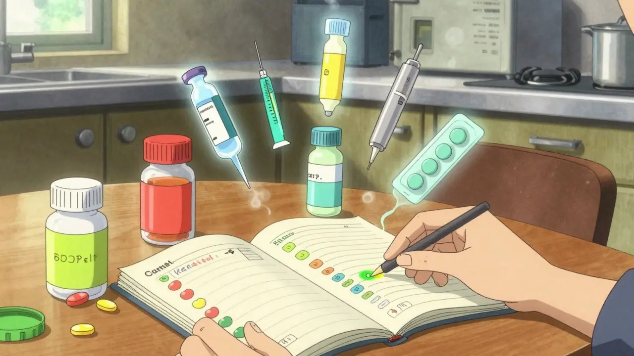 A person organizing pills with color-coded stickers, floating icons of medicines above them.