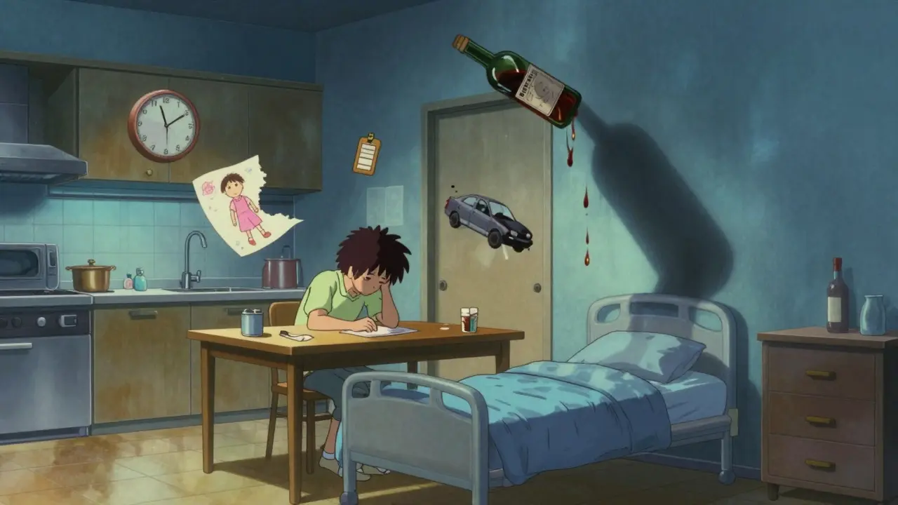 A person surrounded by floating memories of loss and addiction, their shadow forming a weeping alcohol bottle under cold neon and amber lighting.