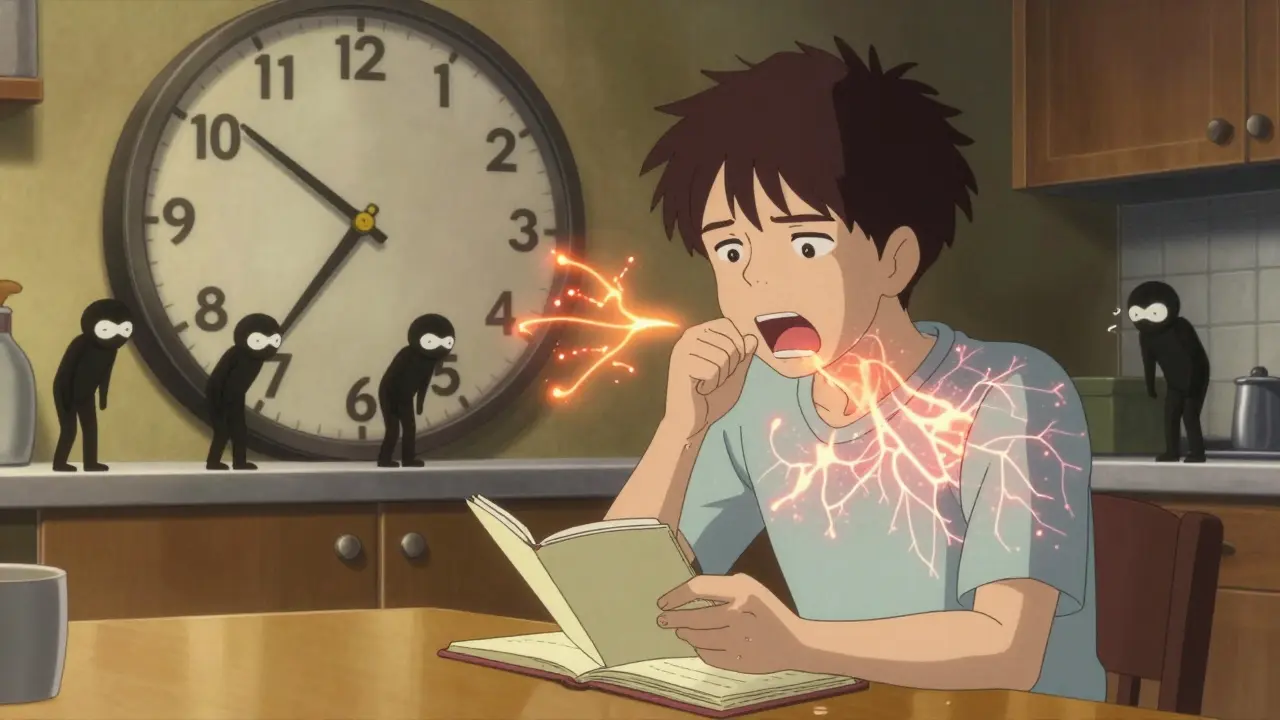 A person tracking cough symptoms with a transparent throat showing neural sparks, clock ticking down as causes retreat.