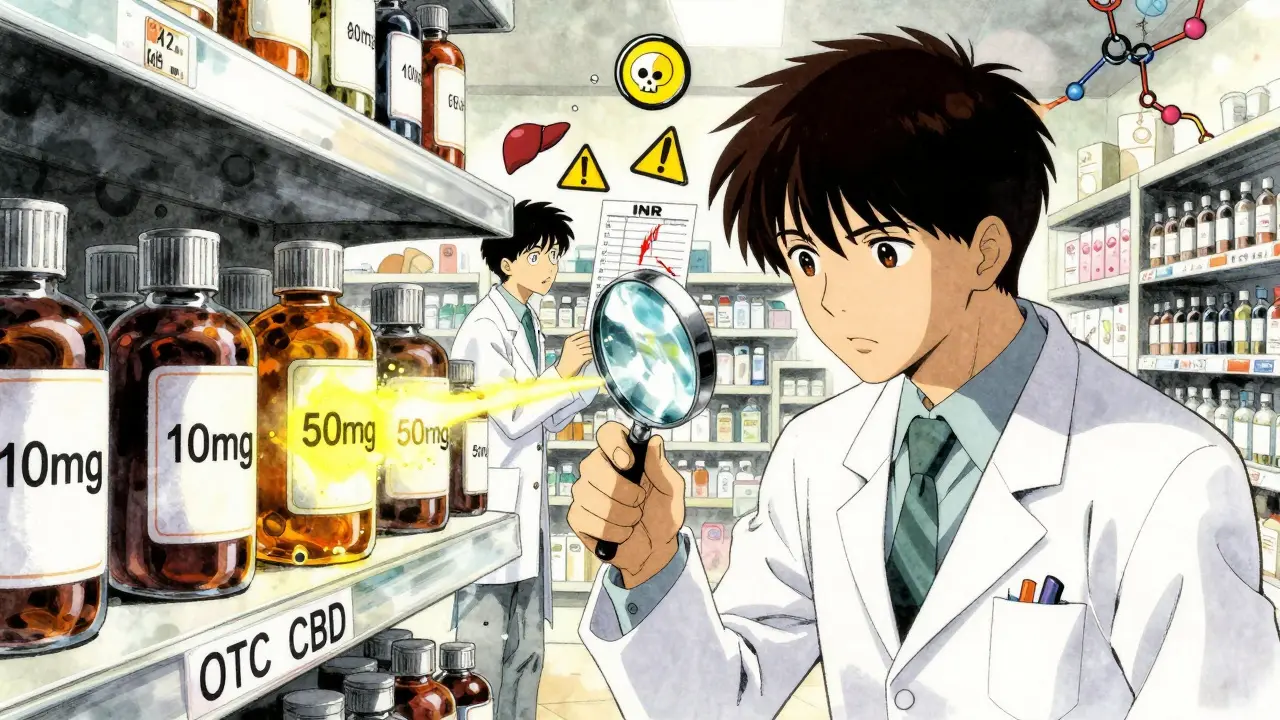 A pharmacist examines mislabeled CBD bottles as a doctor and patient argue over a blood test chart.