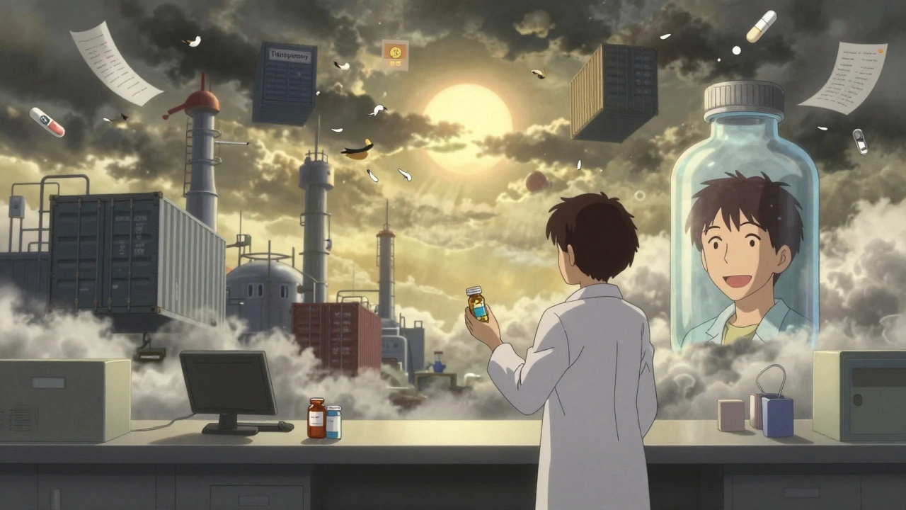 A pharmacist holds a pill bottle, reflection showing a patient, as factories and contracts dissolve into smoke around them.