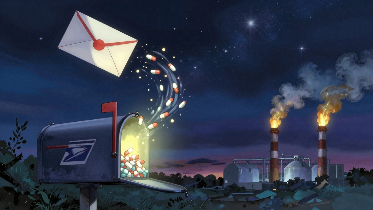A prepaid envelope flies through the night, turning pills into energy particles above a mailbox.