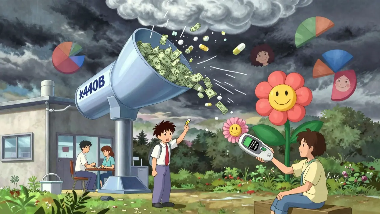 A rural clinic distributing pills through a giant 340B funnel as patient health improves.