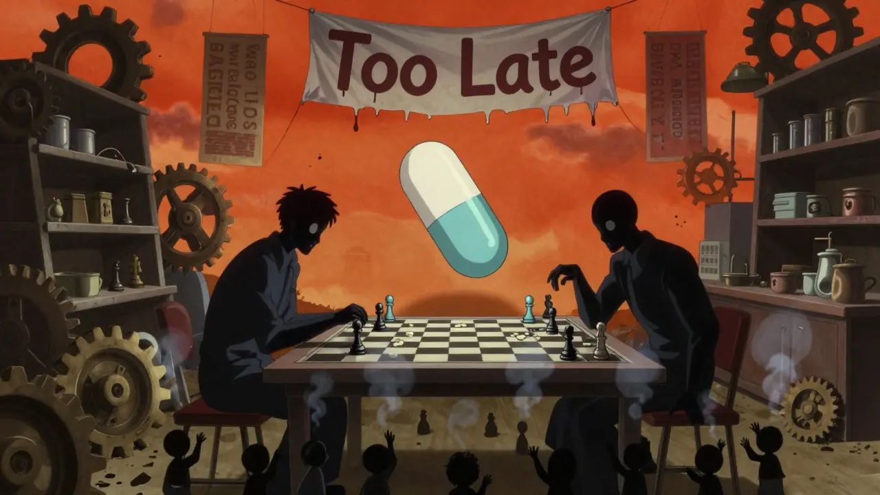 A single generic pill isolated on an empty table as two shadowy figures play chess with money.