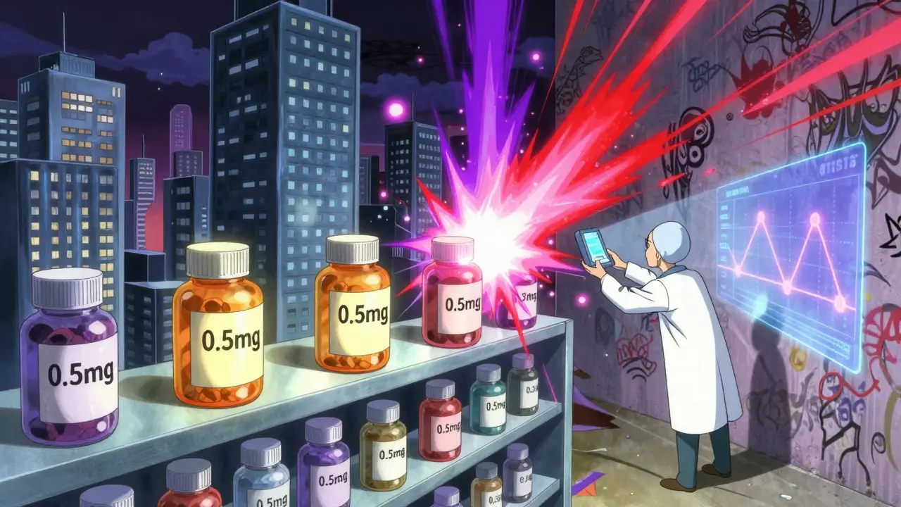 A surreal pharmacy shelf with exploding melatonin bottles, a scientist holding a circadian timeline device.