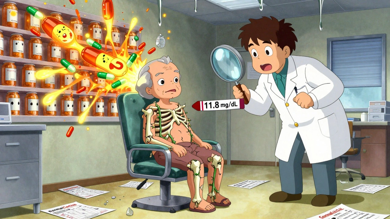 An elderly patient with calcium crystals growing from their body, a doctor examining a high calcium blood test, pills exploding into screaming faces.