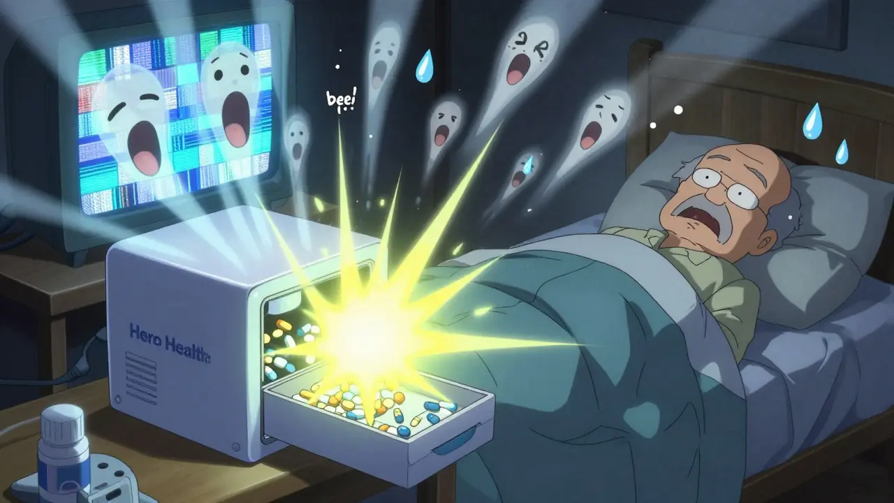 Automatic pill dispenser glowing as alarms ripple through a bedroom at night.