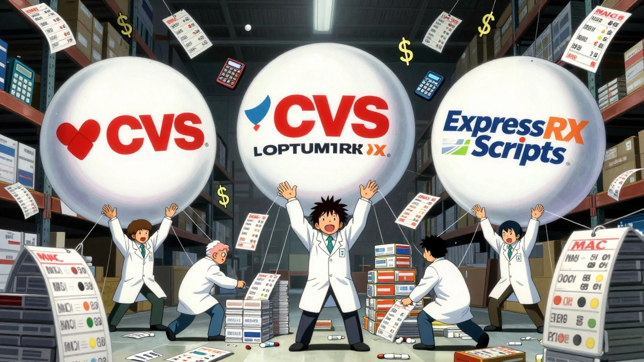 Corporate giants manipulate price strings over stacks of generic pills, while pharmacists struggle to hold them up.